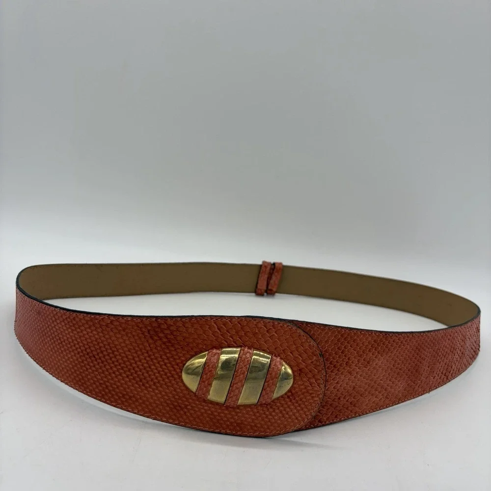 Vintage Laura Lei Womens Belt Genuine Snakeskin Orange Gold Adjustable Argentina